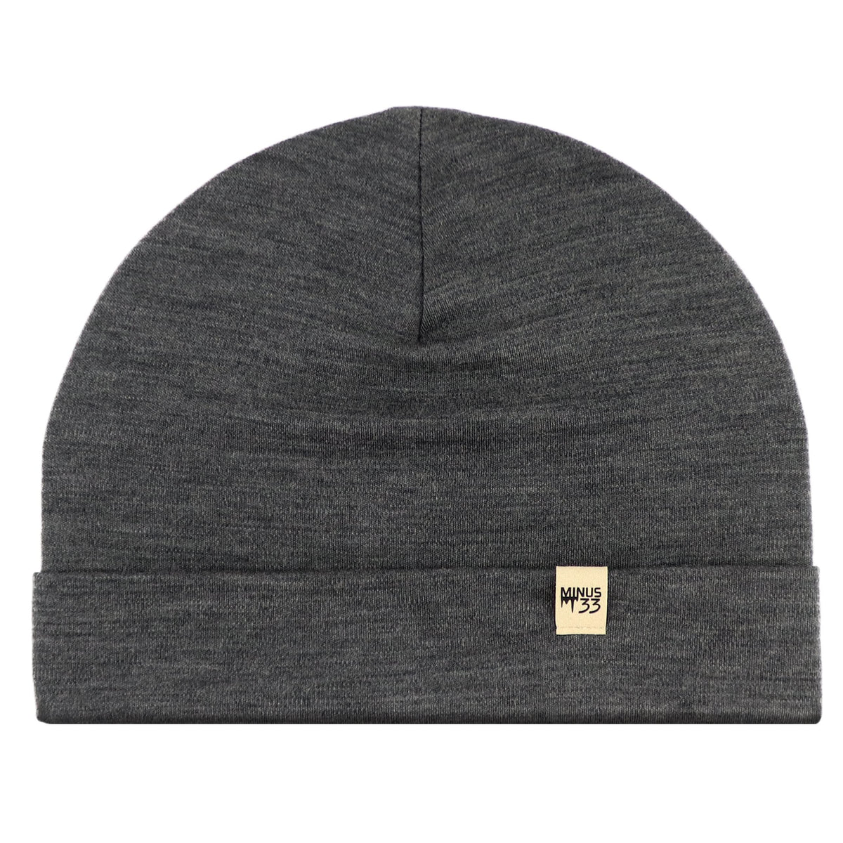 Gray beanie with a brand label on a white background
