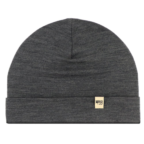 Gray beanie with a brand label on a white background