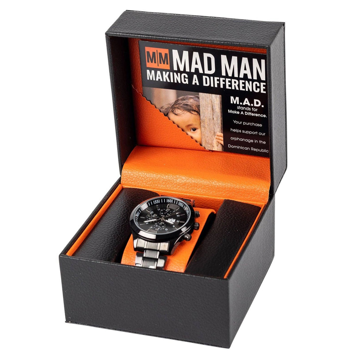 Watch in a branded box with 'MAD MAN' text on a white background