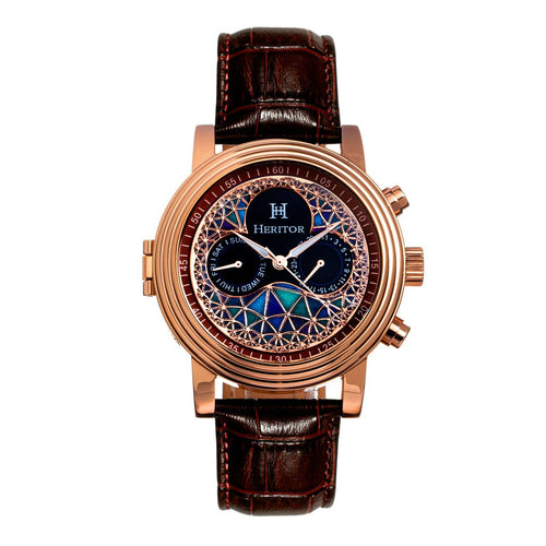 Luxury watch with brown leather strap and intricate face design on a white background