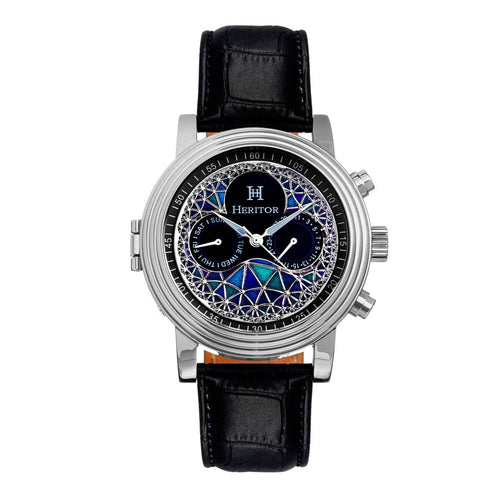 Heritor watch with black leather strap and intricate face design on a white background