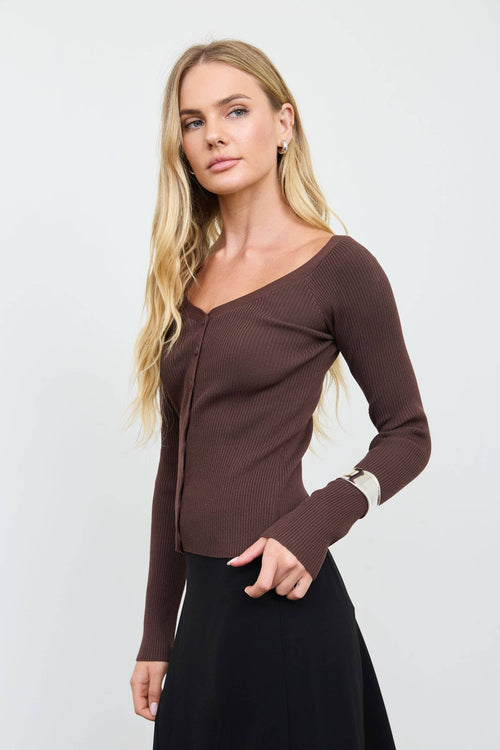 SCOOP NECK BUTTON FITTED RIBBED KNIT CARDIGAN