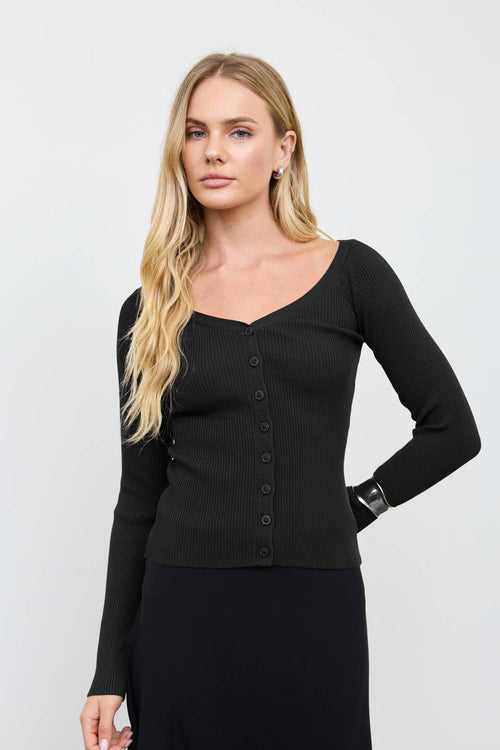 SCOOP NECK BUTTON FITTED RIBBED KNIT CARDIGAN