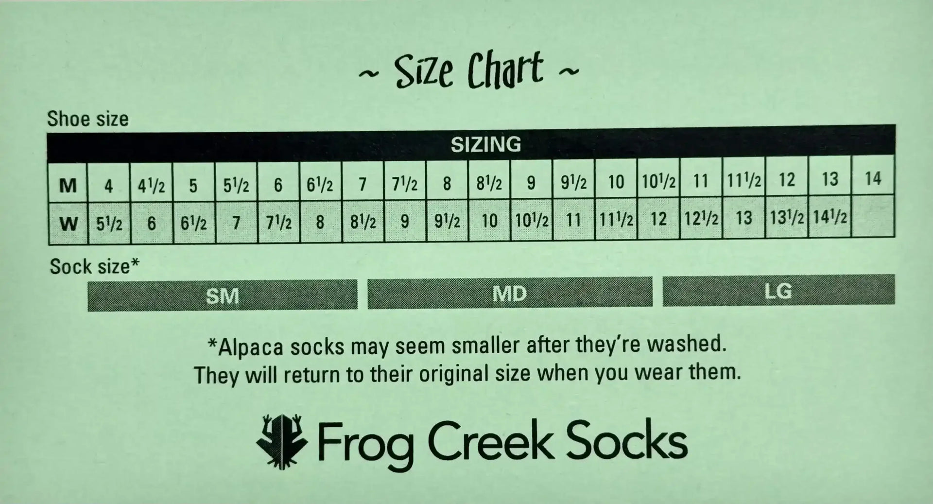 Frog Creek Socks size chart for men's and women's shoe sizes with sock size guide and care note