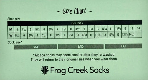 Frog Creek Socks size chart for men's and women's shoe sizes with sock size guide and care note
