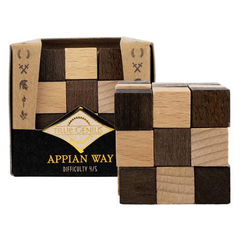 Wooden puzzle with 'Appian Way' branding and 'True Genius' logo on packaging