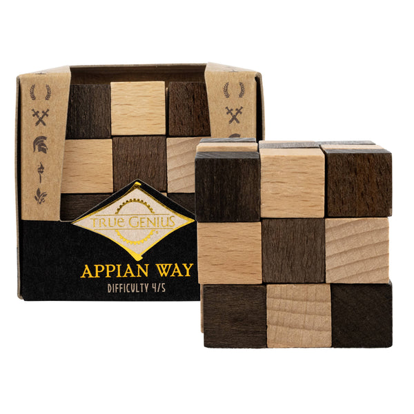Wooden puzzle with 'Appian Way' branding and 'True Genius' logo on packaging