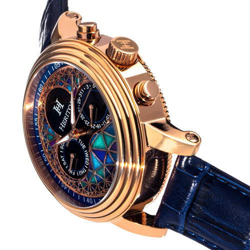 Automatic watches with gold case and blue strap on a white background