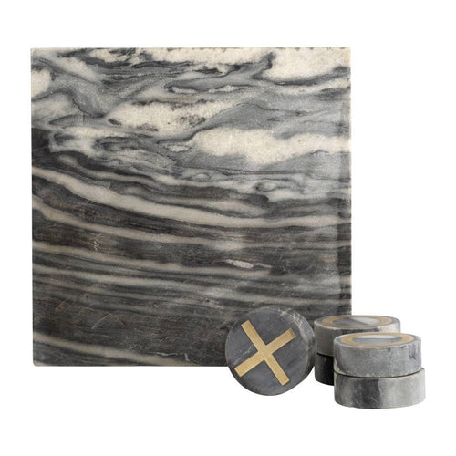 A square gray and white marbled stone tile coaster or decorative tile shown upright, with three round matching stone pieces in front, one standing upright and two stacked, all on a plain white background.