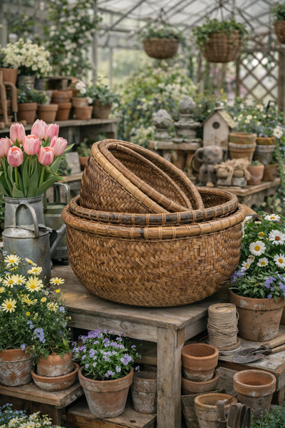 A set of natural woven bamboo baskets, including a large round basket and two smaller oval baskets, displayed on rustic wooden shelves in a lush, sunlit greenhouse filled with potted plants and gardening accessories.