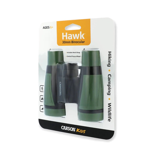 Carson Kids Hawk 30mm Binoculars for hiking, camping, wildlife. Ages 6+, includes neck strap.