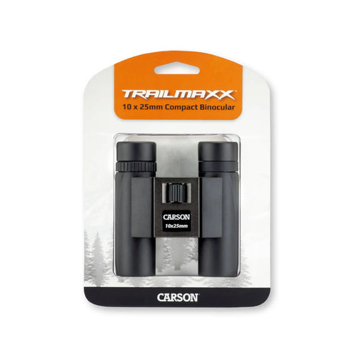 Trailmaxx 10x25mm compact binoculars in Carson packaging, black design with orange label
