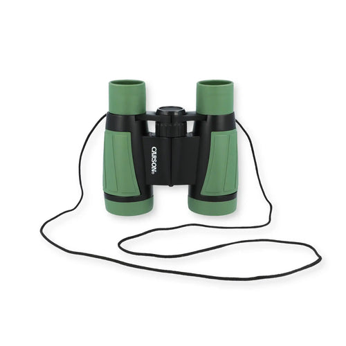 Green and black Carson binoculars with neck strap, ideal for outdoor viewing and nature observation.