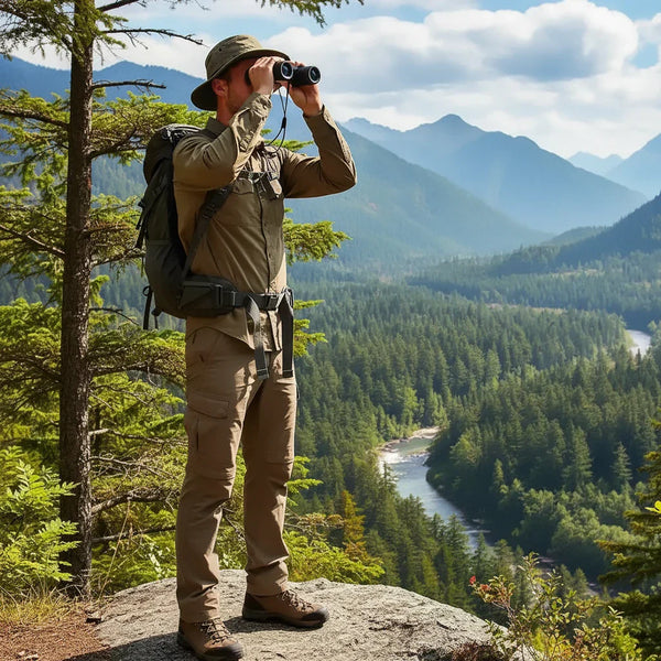 Person in hiking gear using binoculars in a mountainous forest setting