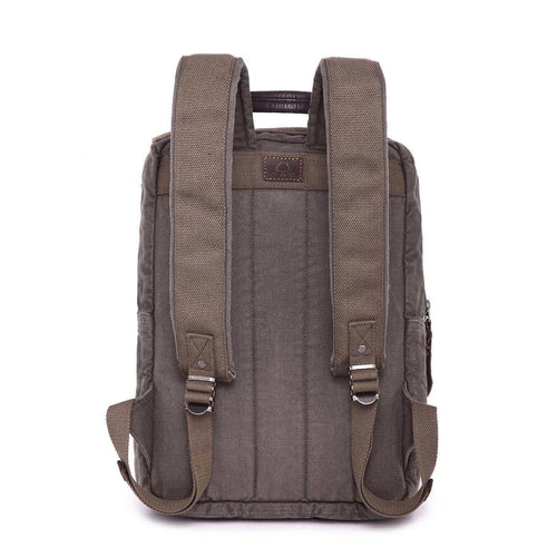 Back view of olive canvas backpack with padded straps and adjustable buckles