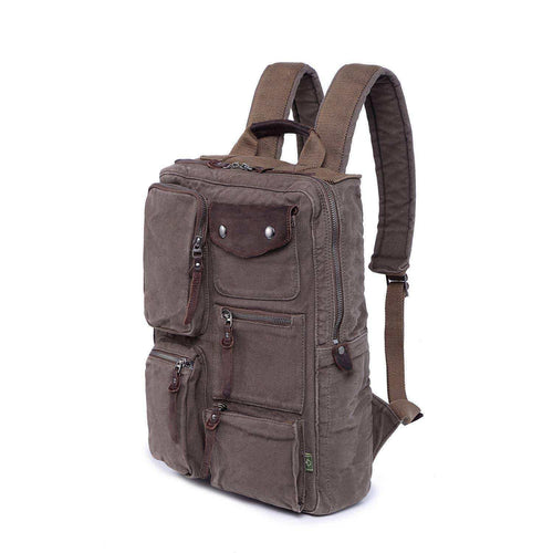 Brown canvas backpack with multiple pockets and leather accents, ideal for travel or daily use.