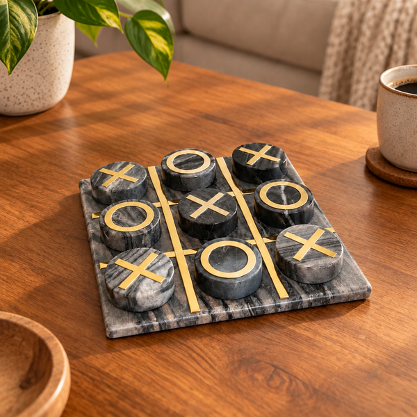 Classic Tic Tac Toe Marble Set On Wood Table