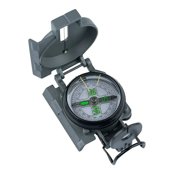 Military-style compass with green directional markings and sighting mirror for navigation