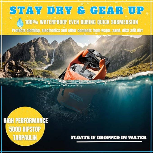 Waterproof bag submerged in water with mountainous landscape in the background, featuring text about product features.