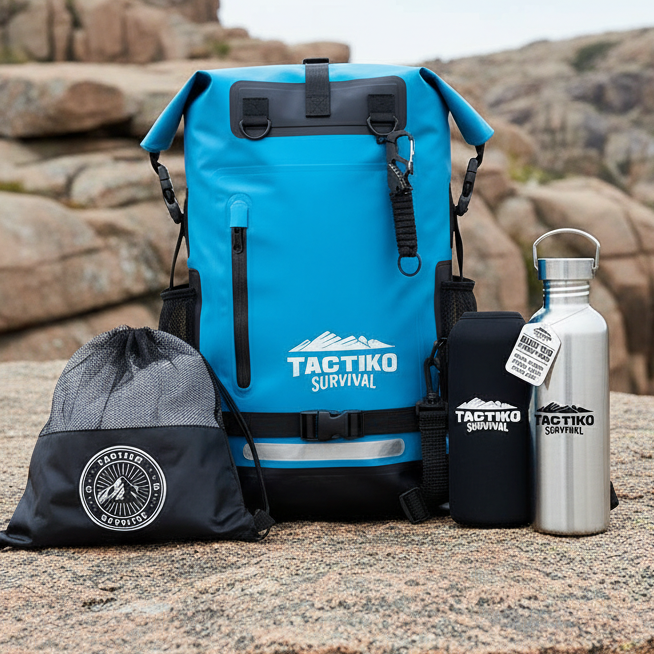 A bright blue Taktiko Survival backpack is displayed outdoors on a rocky surface, accompanied by a black drawstring bag, a black pouch, and a stainless steel water bottle, all branded Taktiko Survival. The background shows a natural rocky landscape.