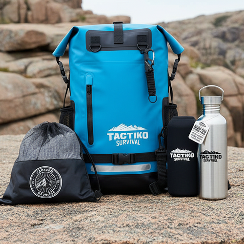 A bright blue Taktiko Survival backpack is displayed outdoors on a rocky surface, accompanied by a black drawstring bag, a black pouch, and a stainless steel water bottle, all branded Taktiko Survival. The background shows a natural rocky landscape.