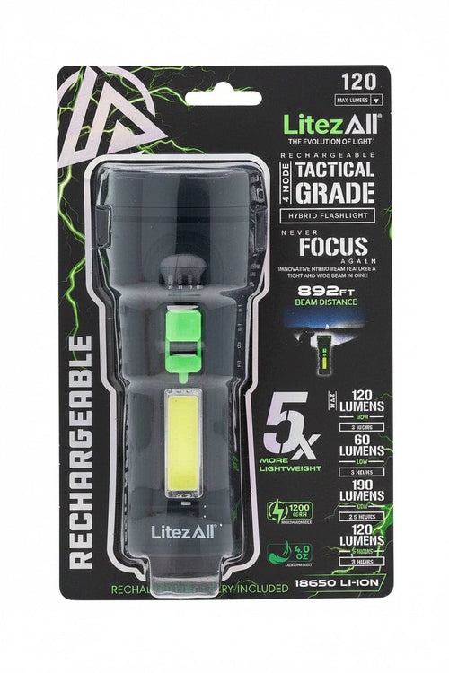 Litex All tactical grade flashlight packaging with specifications on a white background