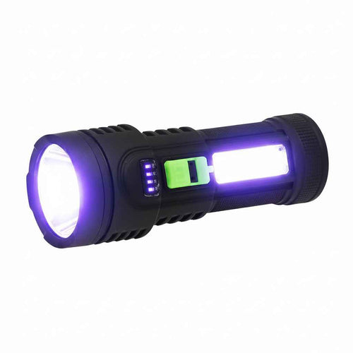 Black flashlight with purple accents on a white background