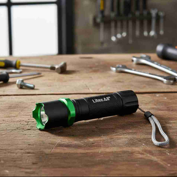 Black and green flashlight on a wooden workbench with tools in the background