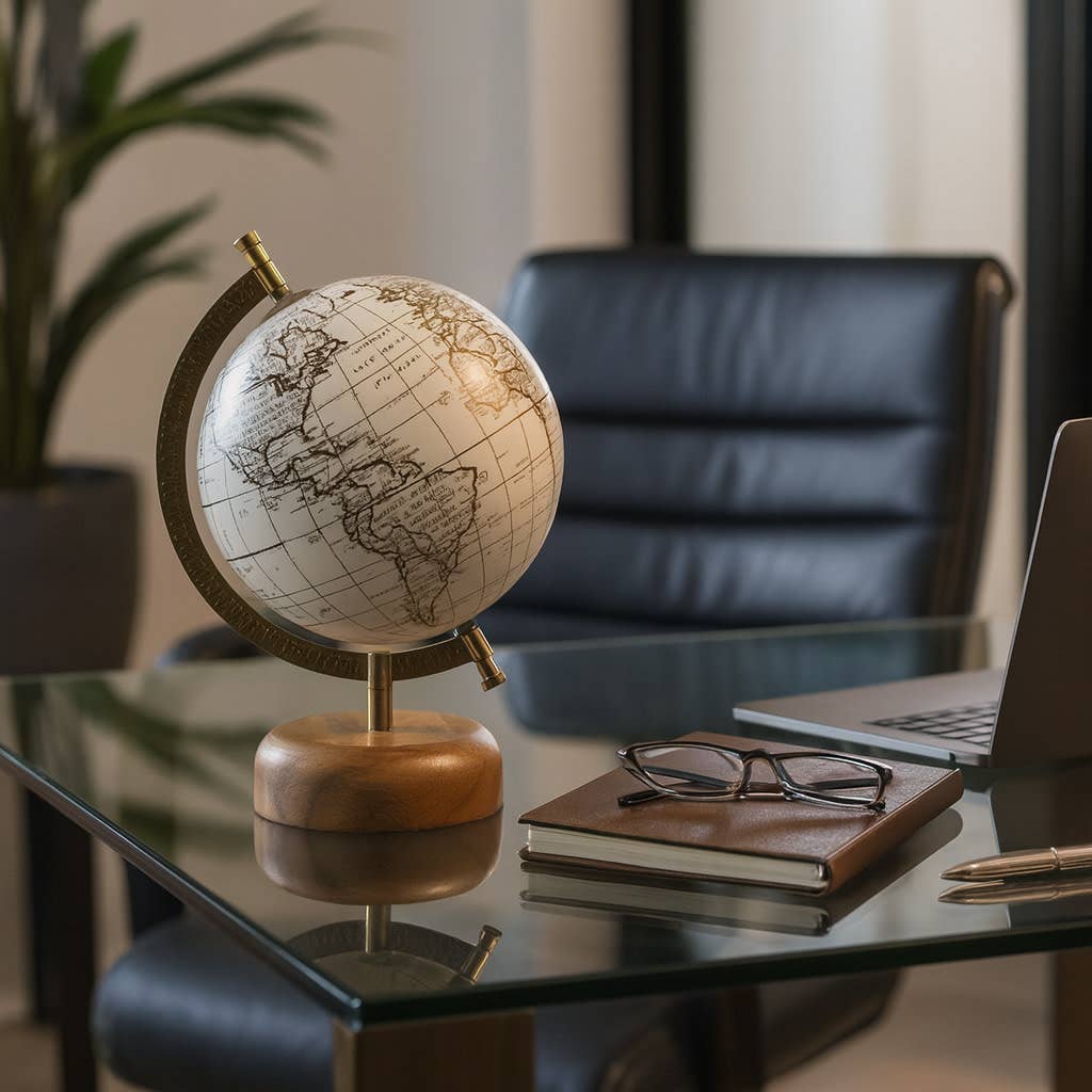 World globe on a glass table with a notebook and glasses in an office setting