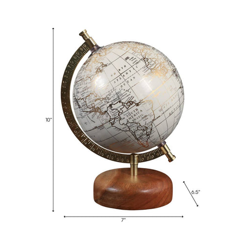 Decorative globe with wooden base and brass accents, shown with measurements on a white background.