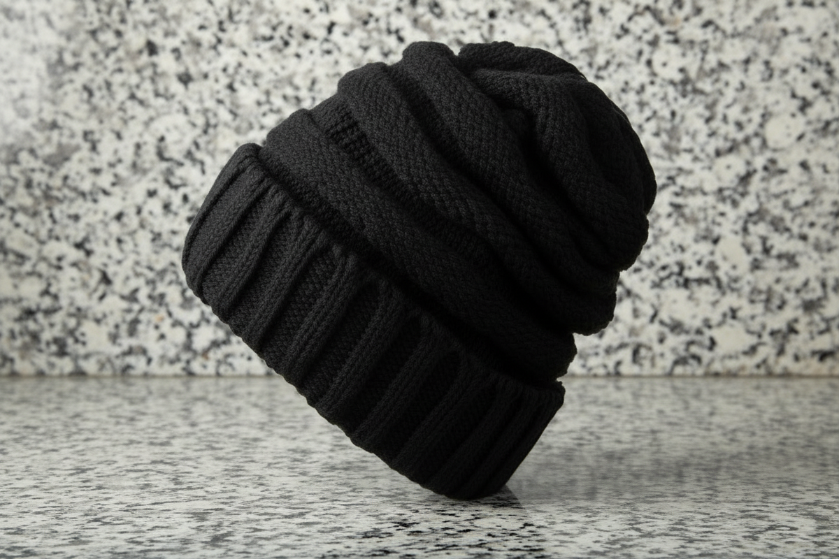 A black chunky knit beanie hat resting on a light wood surface against a neutral light gray background.