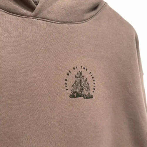 Oversized Pullover Hoodies Tan hoodie with 'Find Me By The Fireside' campfire graphic print