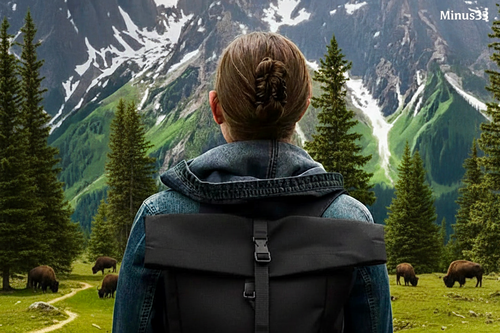 A person seen from behind wearing a large black backpack, standing in a mountain meadow with pine trees and bison, with snow-capped mountains in the background.