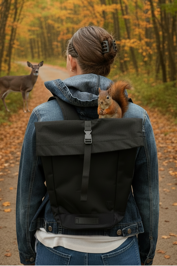 A person seen from behind on a forest path wearing a black roll-top backpack, with a squirrel sitting on the back and a deer standing in the woods ahead.
