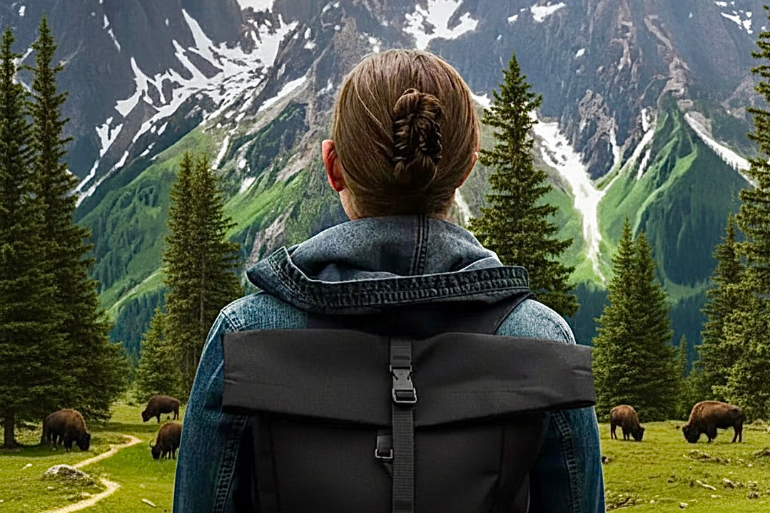 A person seen from behind wearing a large black backpack, standing in a grassy mountain meadow with pine trees and snow-capped peaks in the background.