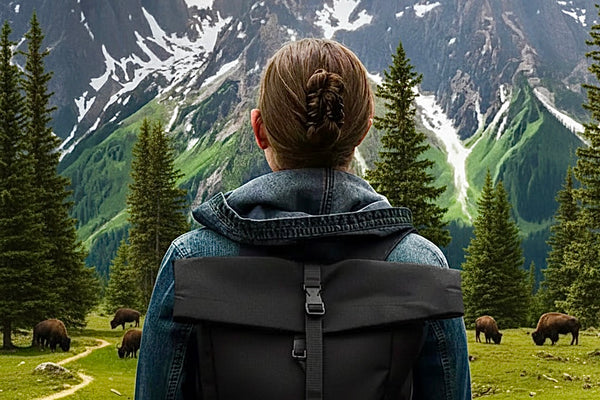 A person seen from behind wearing a large black backpack, standing in a grassy mountain meadow with pine trees and snow-capped peaks in the background.