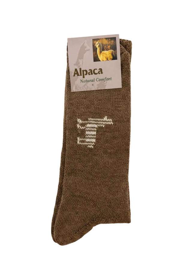 Brown alpaca sock with a label on a white background