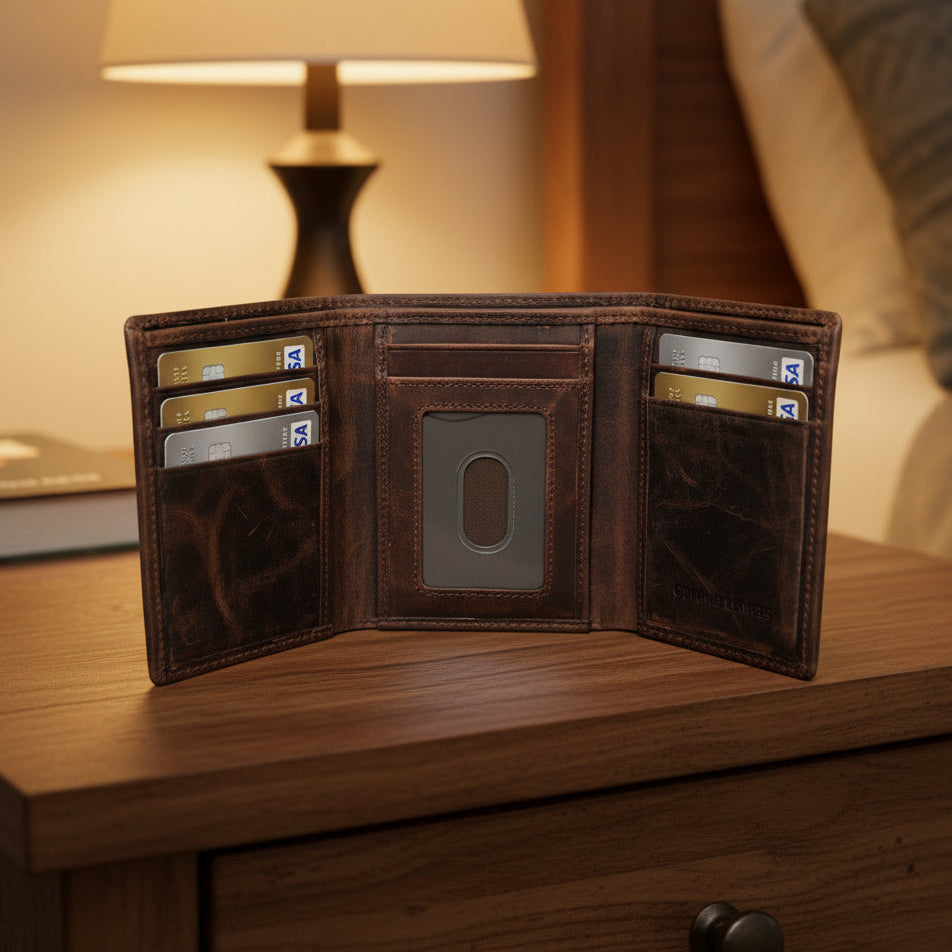 A dark brown leather bi-fold wallet shown open, displaying its interior compartments, card slots, and a central ID window, resting on a white sheet of paper on a desk.