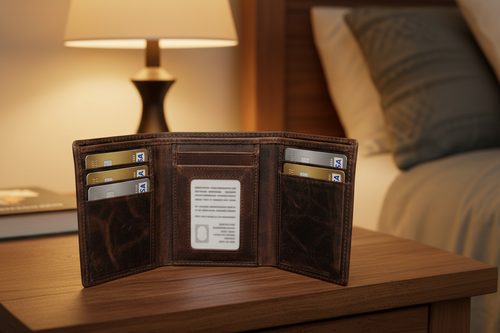 An open dark brown leather bifold wallet with card slots and an ID window, displayed on a wooden bedside table in a softly lit bedroom setting.