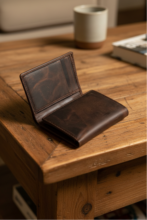 A dark brown leather bi-fold wallet shown open on a rustic wooden table, with a ceramic mug and a book blurred in the background.
