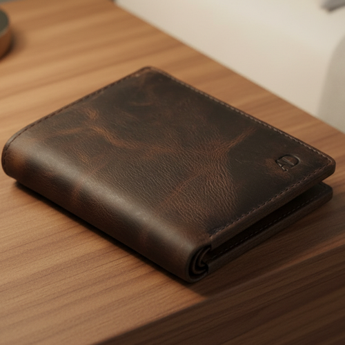 A dark brown leather bifold wallet with a distressed finish, resting on a wooden nightstand in a bedroom setting.