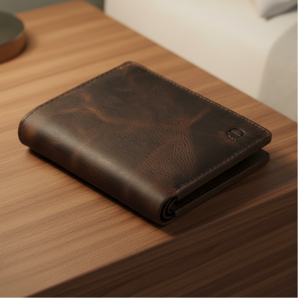 A dark brown leather bifold wallet with a distressed finish, resting on a wooden nightstand in a bedroom setting.