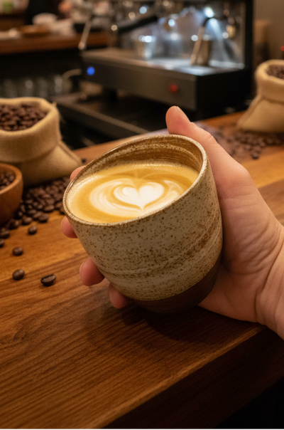 A hand holds a speckled ceramic cup filled with latte art coffee on a wooden cafe counter, with coffee beans, burlap sacks, and a coffee machine blurred in the background.