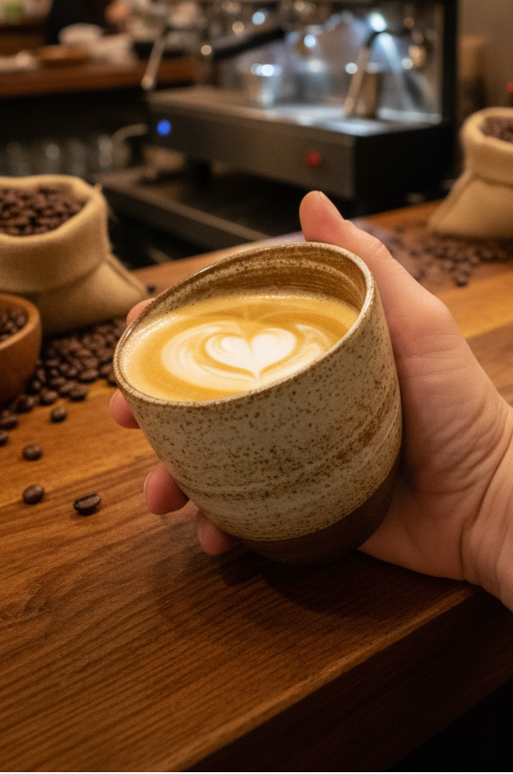 A hand holds a speckled ceramic cup filled with latte art coffee on a wooden cafe counter, with coffee beans, burlap sacks, and a coffee machine blurred in the background.