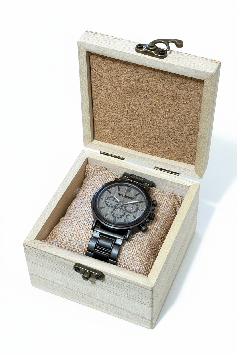 Wooden watch box with a black wristwatch inside on a white background