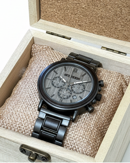 A black analog chronograph watch with a black metal link bracelet, displayed inside an open light wood presentation box with a cork-lined lid on a white background.