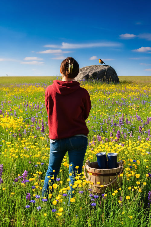 Person in a red hoodie standing in a field of wildflowers with a large rock and bird in the background.