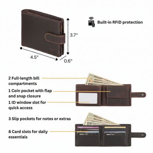 A dark brown leather wallet shown from multiple angles with callouts and dimensions on a white background. The image includes a front view labeled 3.