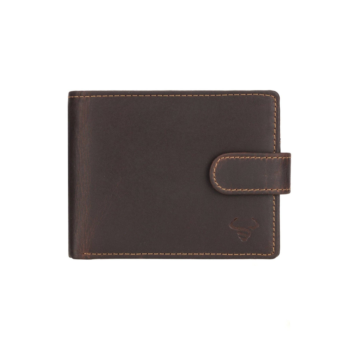 Brown leather wallet with a visible brand logo on a white background