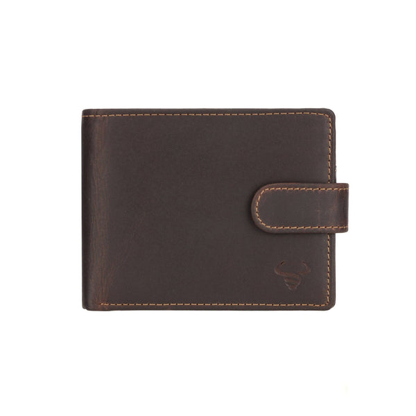 Brown leather wallet with a visible brand logo on a white background